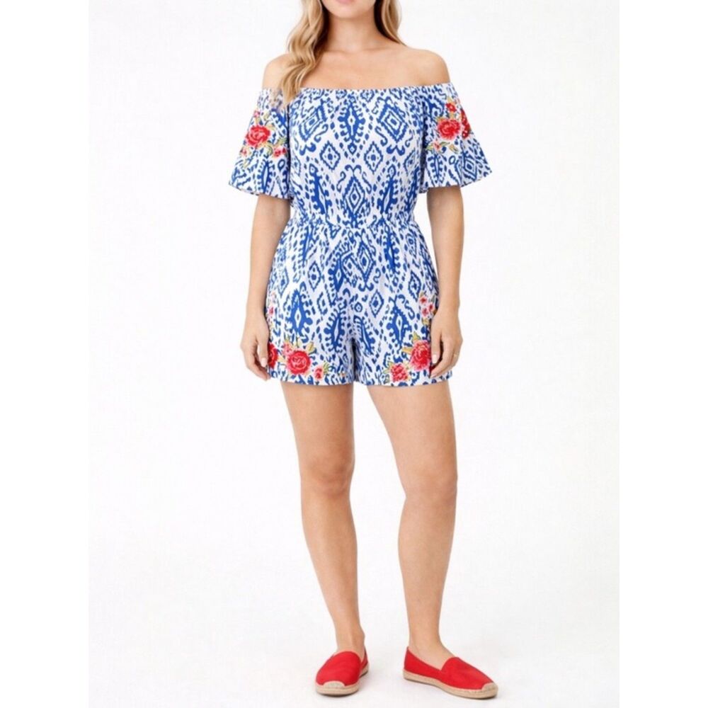 NWT Savanna Jane Boho Blue & White Ikat Floral Embroidered Shorts Romper Size 2X